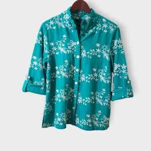 Ali Miles Linen Blend Teal Floral Embroidered Button Up Shirt 3/4 Roll Tab Med